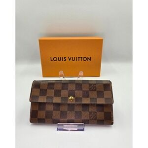 Louis Vuitton Damier Ebene Sarah Wallet Brown Checkbook Long Clutch‎ Authentic